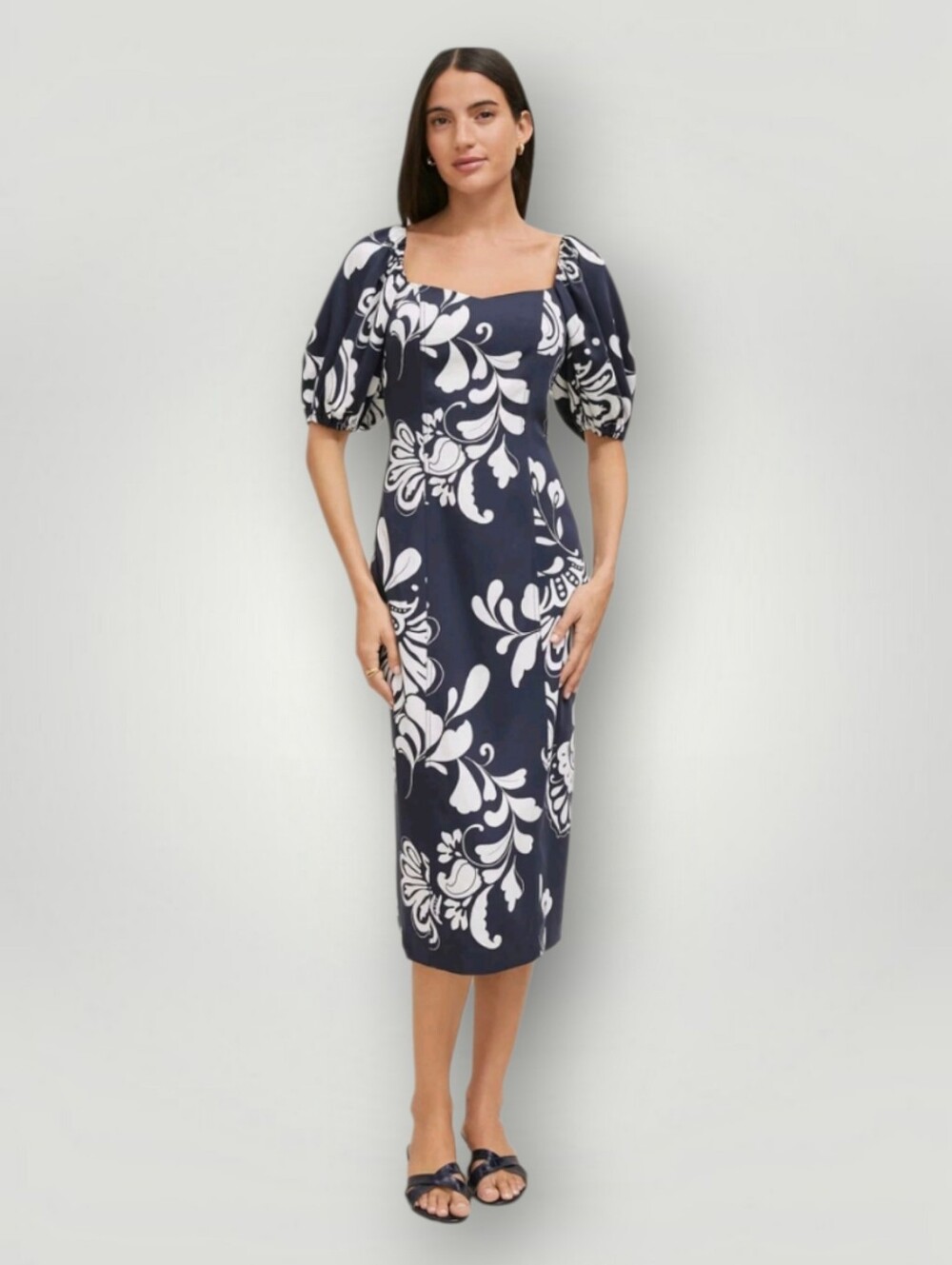 Ann Taylor Night Sky Floral Midi Dress 6 Black White Puff Sleeve Statement Sleev